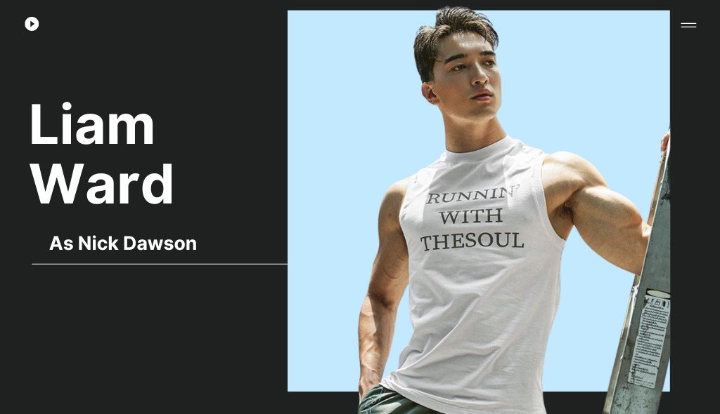 Liam Ward as Nick Dawson posing in a sleeveless shirt against a light blue background.