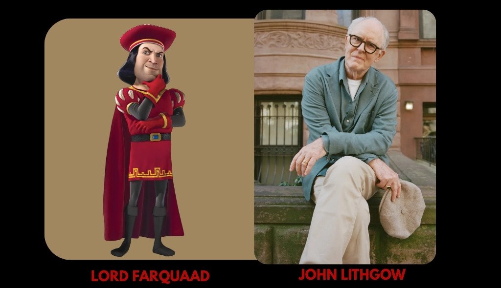 Lord Farquaad from Shrek displayed alongside actor John Lithgow, who provided the character's voice in the animated film.