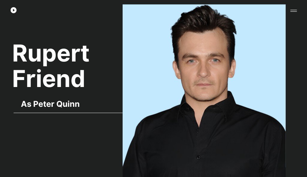 Portrait of actor Rupert Friend wearing a black button-up shirt, looking directly at the camera against a light blue background, identified as Peter Quinn.