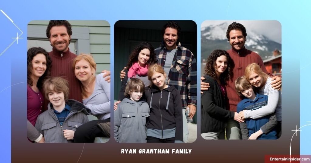 Family photo collage showing four people posing together outdoors in three side-by-side portraits, featuring casual clothing and mountain scenery in the background.