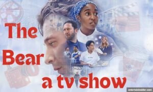 Collage poster of The Bear TV show featuring Carmy, Sydney, Richie, and other restaurant staff members from the FX kitchen drama series.