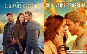 Sullivan’s Crossing cast poster featuring Maggie Sullivan, Cal Jones, and Sully by the lakeside with romantic couple close-up